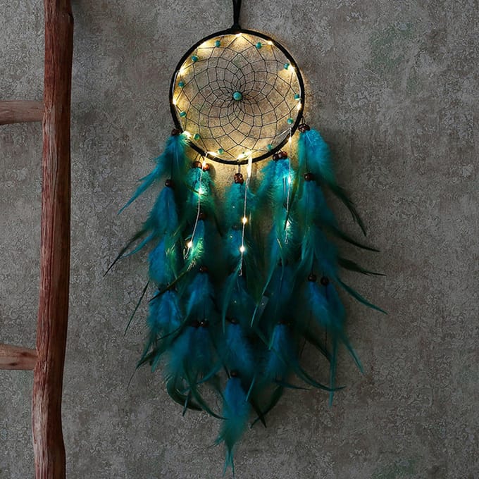 Wandhanger Dromenvanger met Lichte Veer Windgong Decoratieve Lamp Woondecoratie blue