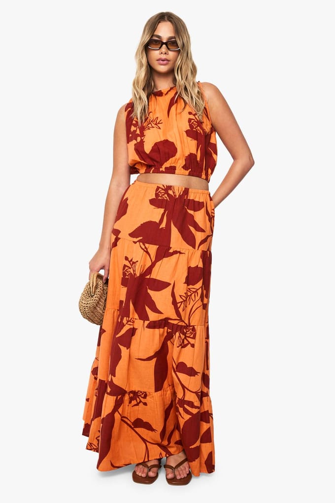 boohoo Dames Abstract Bloemen Puffball Linnen Top | Oranje | Maat: 34