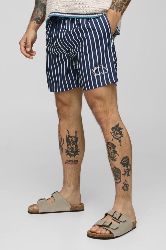 Merk Zwembroek met Streep Middenlengte Zwembroek | Navy | Size Medium