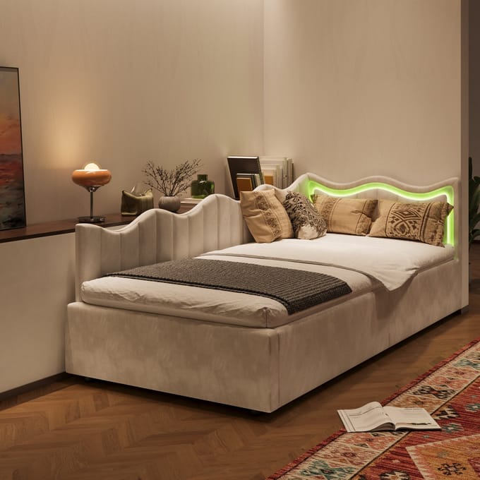 Daybed 90x200 – met Opbergruimte – LED Hoofdbord – Fluweel – Beige Kinderbed