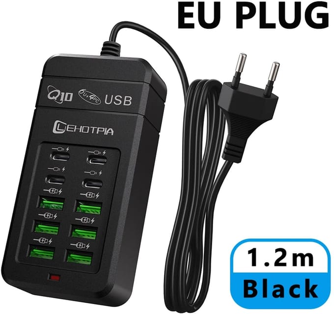 EU Plug Meerdere Snellader USB-Oplader met Verlengsnoer 6x USB-A & 4x USB-C 1,2 m - Zwart
