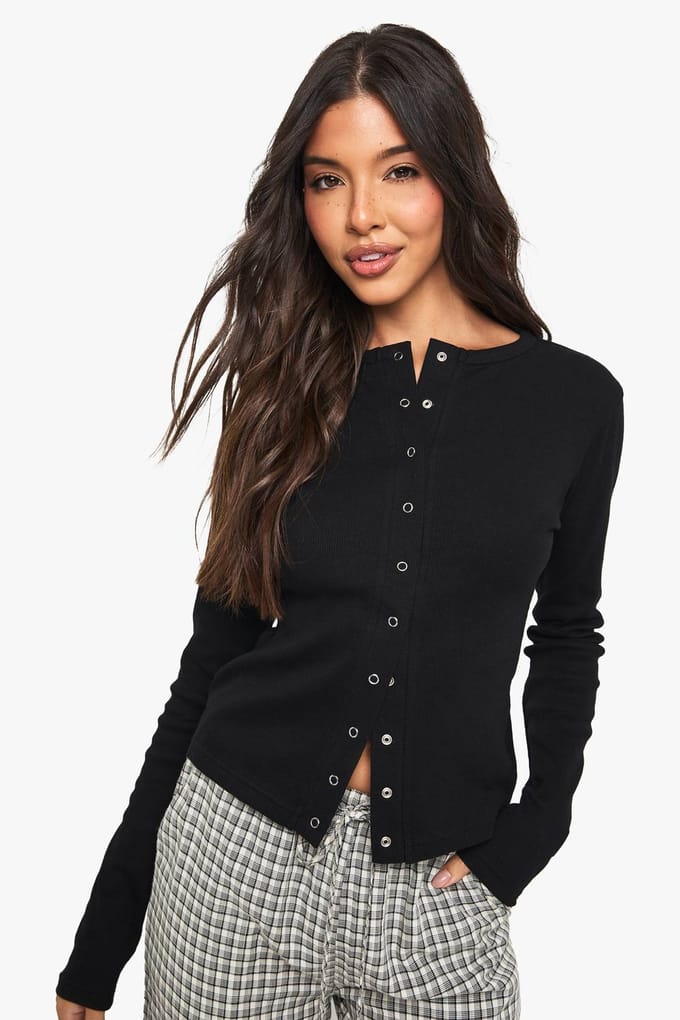 boohoo Dames Rib Popper Front Langmouwen Top | Zwart | Maat: 34