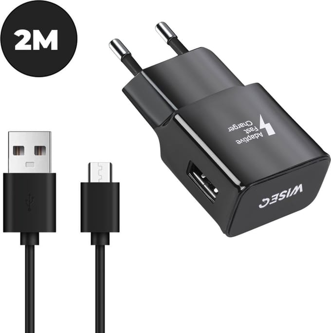 Snellader geschikt voor Samsung, Huawei en andere Micro USB apparaten - inclusief USB naar Micro USB kabel 2 meter - zwart - WiseQ