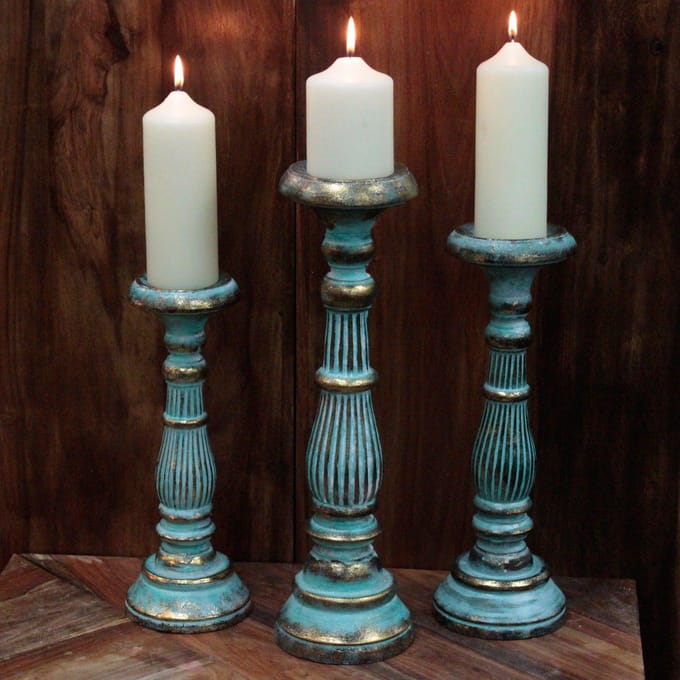 Vintage Kandelaar - Turquoise & Goud - Kaars Houder - 30cm Hoog