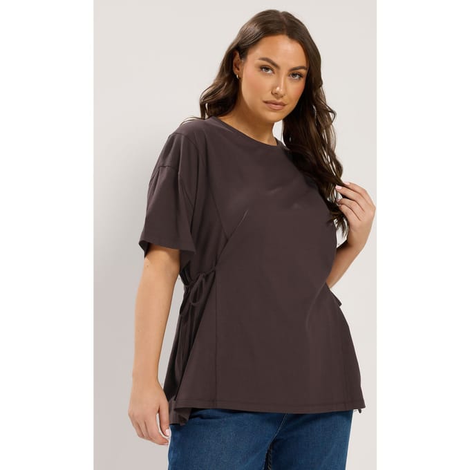 Yours Chocoladebruin Tshirt Met Strik Aan De Zijkant Size 50-52