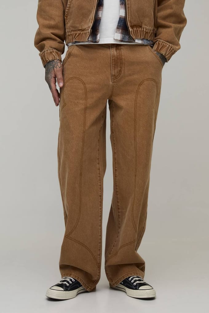 Lange Gewassen Western Detail Baggy Jeans | Tan | Size 36