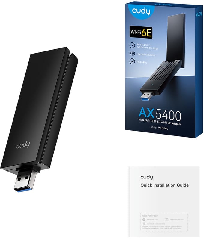 Cudy AX5400 USB 3.0 Wi-Fi 6E Adapter – Tri-Band High-Gain, 2.4/5/6 GHz, Lage Latency voor Gaming & Streaming