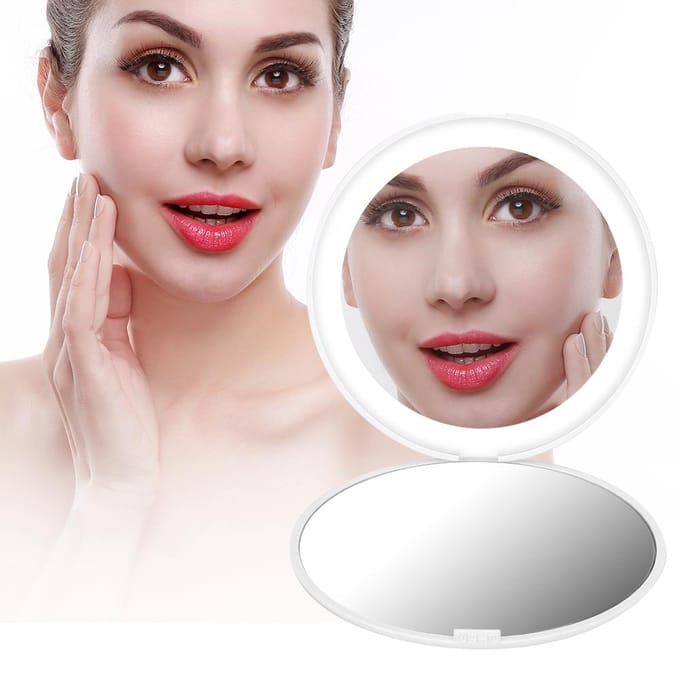 Draagbare Opvouwbare 10x Vergroting Mini 12 LED Make-up Spiegel Cosmetisch Gereedschap (Wit) wit