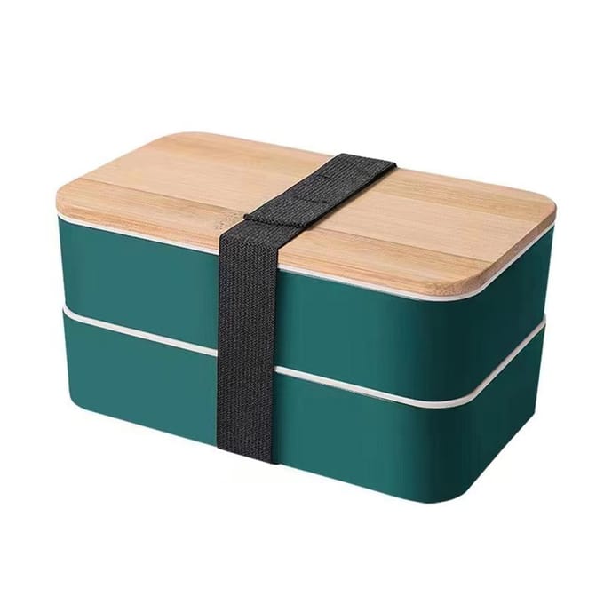 Dubbellaagse Bento Box Multifunctioneel Houten Deksel Compartiment Bento Lunchbox voor Werk School Thuis groen