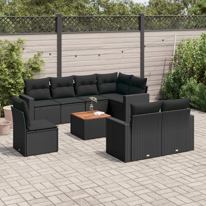vidaXL - 9-delige - Loungeset - met - kussens - poly - rattan - zwart