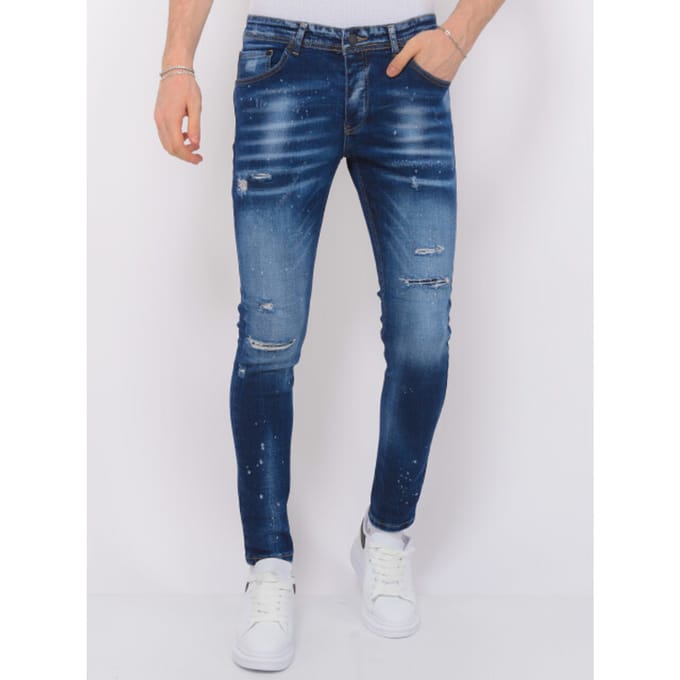Paint Splatter Ripped Jeans Heren - Slim Fit -1075- Blauw