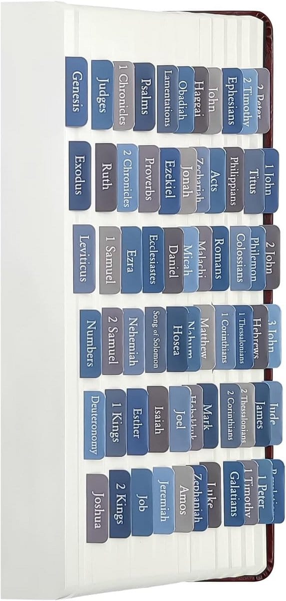 Bijbel Tabs - Boek Labels - Bijbelstudie Organiseren - Waterproof en Scheurvast - 96 Stuks - Aarde Blauw