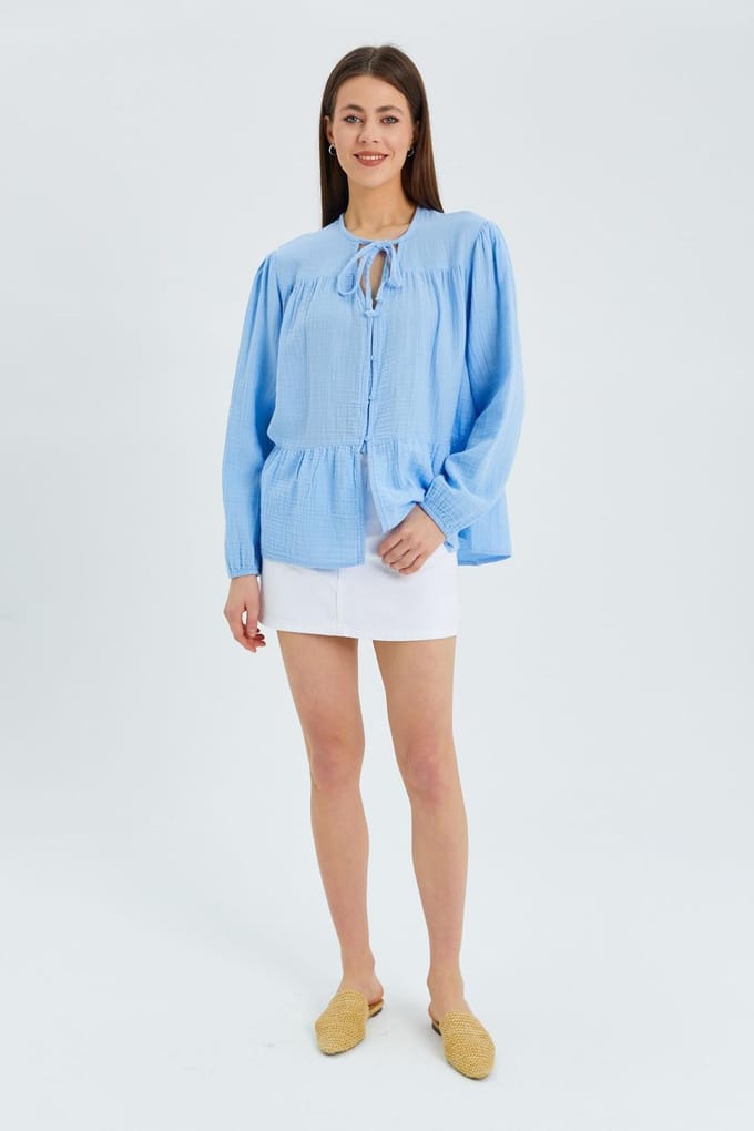 Lange Mouwen Losse Blouse met Strikhals