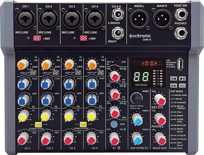 Citronic CMA-8 mixer met DSP, USB Play/Record/PC en Bluetooth 4 mono + 2 stereo
