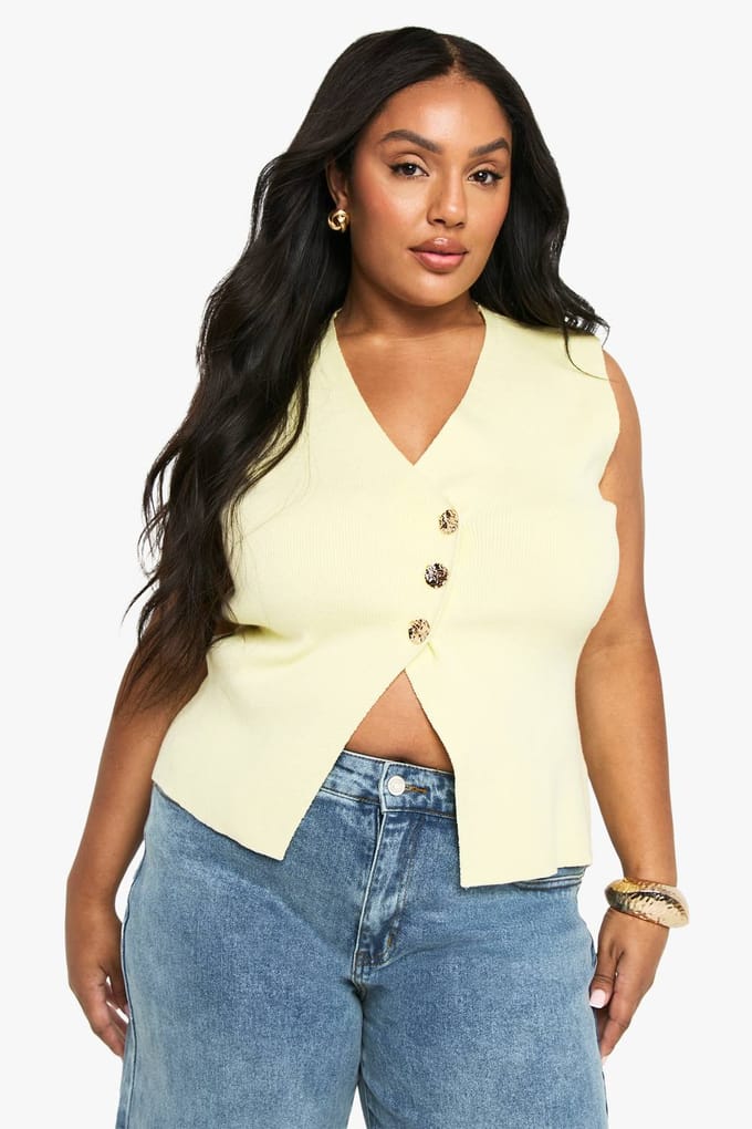 boohoo Dames PLUS ASYMMETRISCH GOUDE KNOOPVEST | Lemon | Maat: 28
