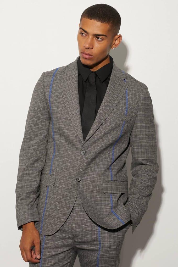 Slim Fit Check Contrast Stitch Suit Jacket | Black | Size 48