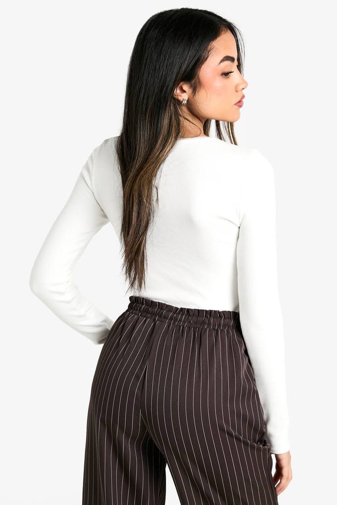boohoo Dames Dubbel Laag Modal Rib Langarmige Top | Cream | Maat: 10