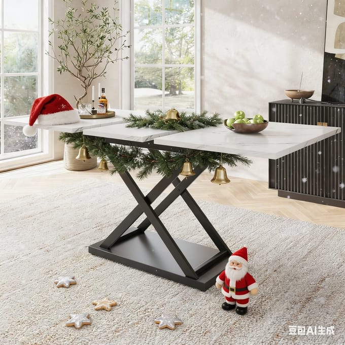 REDOM Eettafel 120-160*80*75cm van MDF en metaal, wit gemarmerd blad en zwart kruisvormig onderstel, uitschuifbaar