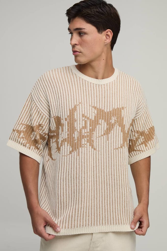 Oversized Gothic Geribbeld Gebreid T-shirt | Ecru | Size Small
