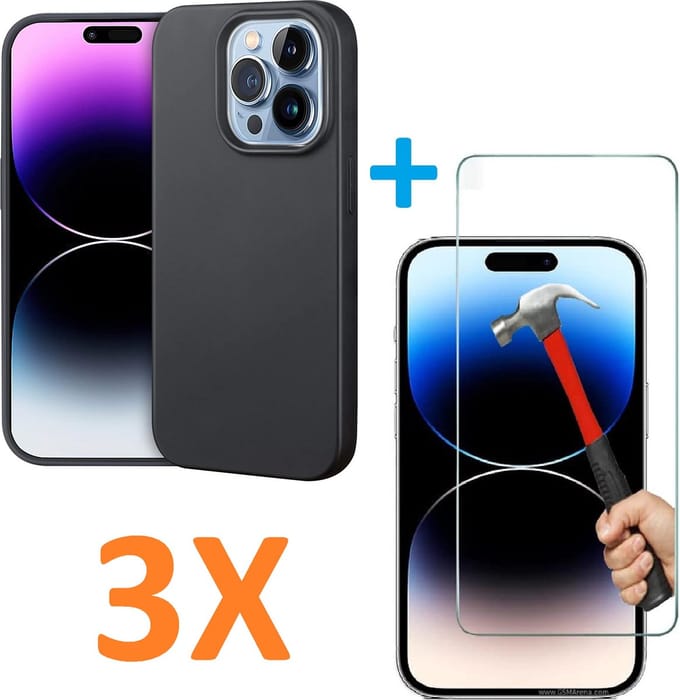 Soft TPU Zwart hoesje Silicone Case + 3 stuks Glas Screenprotector -  Geschikt voor: iPhone 13 Pro Max