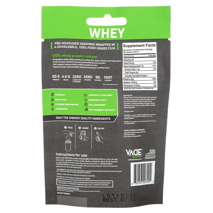 Vade Nutrition, Pack de Protéines Solubles, 100% Isolat de Protéine de Lactosérum, Saveur Milk-shake Chocolat, 0,06 lb (25 grammes)