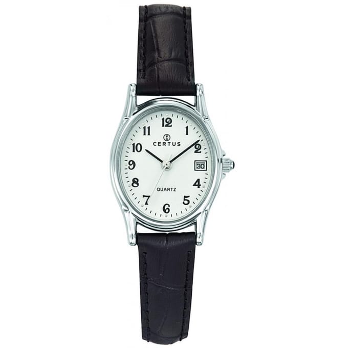 Certus-Duidelijk dames horloge met datum aanduiding-Zwart lederen band.