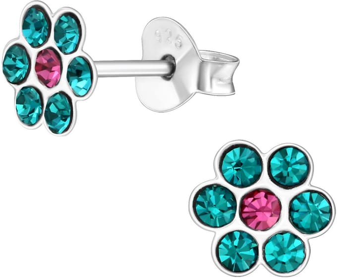 Oorbellen meisje bloem - zilver - turquoise - roze - glinster