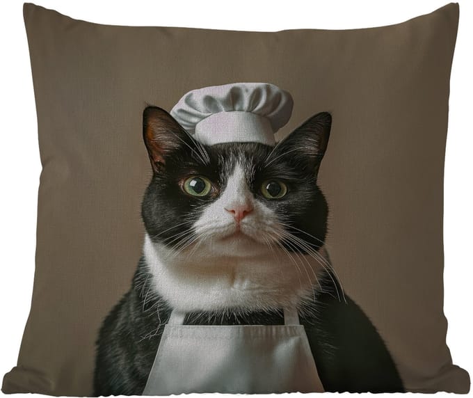 Sierkussen Buiten - Kat - Kokskleding - Zwart - Wit - 60x60 cm - Weerbestendig