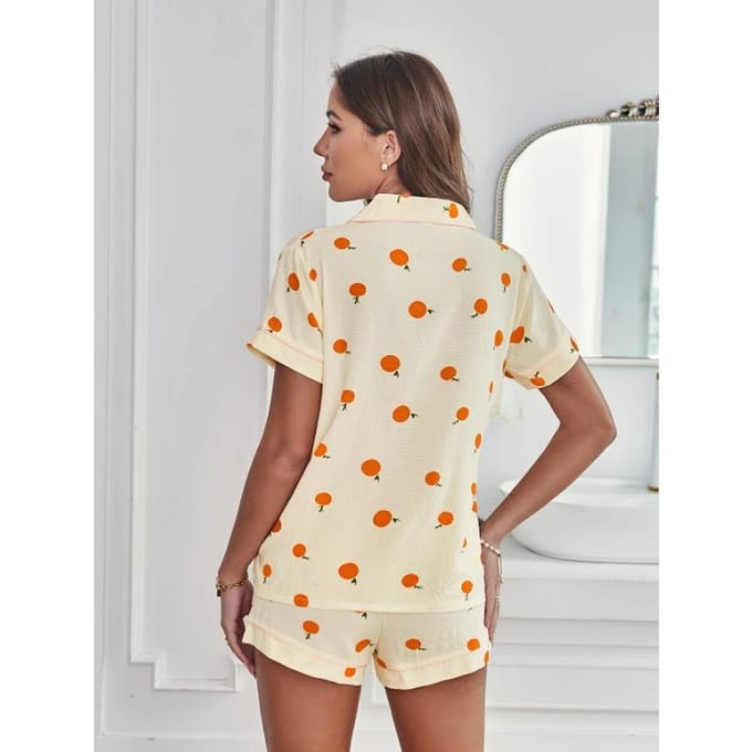 Oranje Print Getextureerde Pyjama Set Leuke Korte Mouw Knopen Revers Top & Elastische Shorts Dames Nachtkleding L black