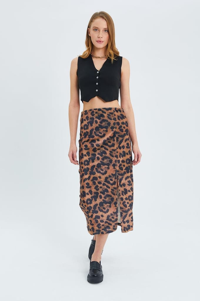 Leopardprint Hoge Taille Midi Rok met Split
