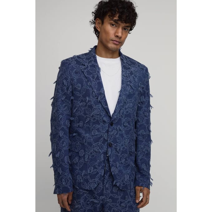Getextureerde Denim-look Blazer Met Relaxed Fit | Navy | Size 40