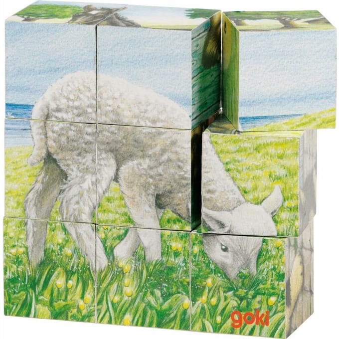 GOKI Blokkenpuzzel - Boerderijdieren - 9 Blokken - Hout