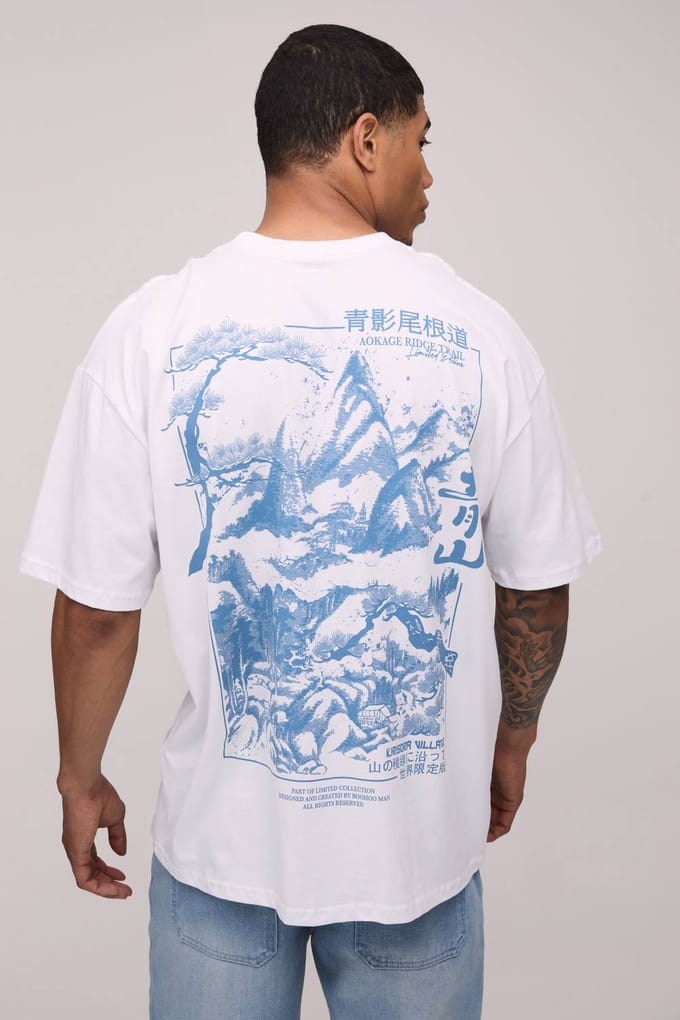 Oversized Kyoto Mountain Grafisch T-shirt | White | Size Medium
