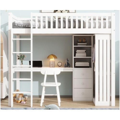 ModernLuxe Hoogslaper van hout 90x200 cm - met bureau en kledingkast - Wit