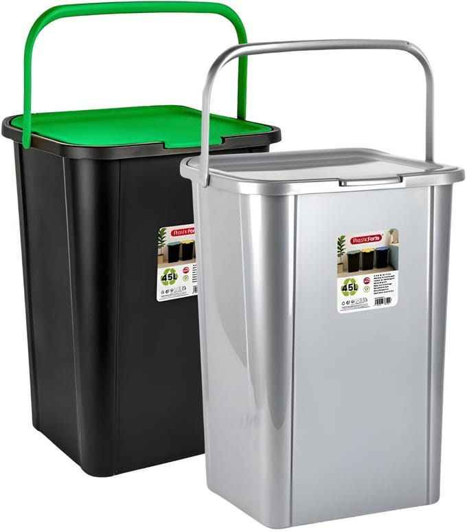 Plasticforte Recycling afvalbakken - set 2x - zilver/groen - 45L - afsluitbaar - 34 x 40 x 54 cm