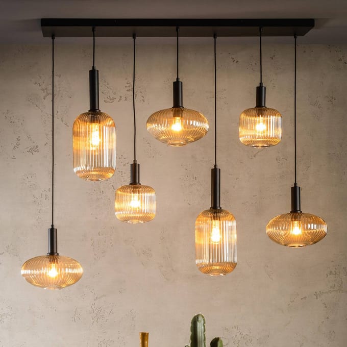 Lucide Maloto hanglamp, glas, 7-lichts, amber, 150 cm