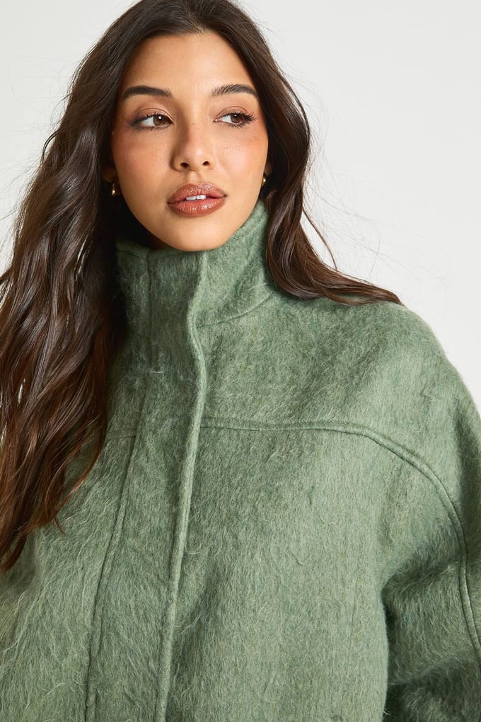 boohoo Dames Getextureerd Wollen Look Bomberjack | Groente | Maat: 42