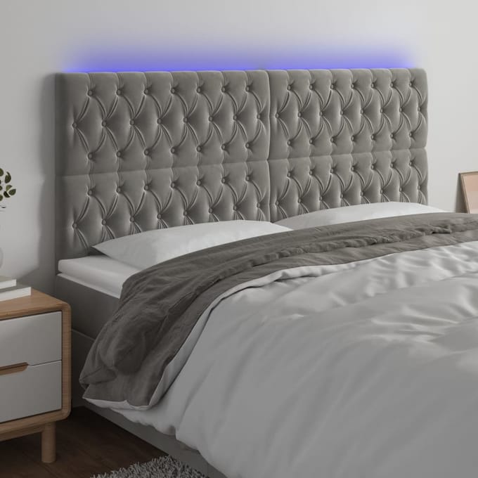 vidaXL - Hoofdbord - LED - 200x7x118/128 - cm - fluweel - lichtgrijs