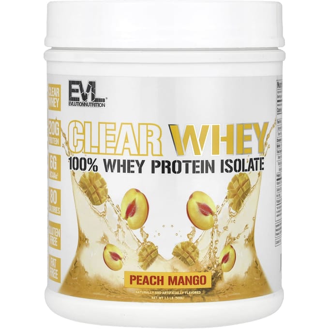 EVLution Nutrition, Clear Whey, 100% Isolat de Protéine de Whey, Pêche Mangue, 1,1 lb (500 g)