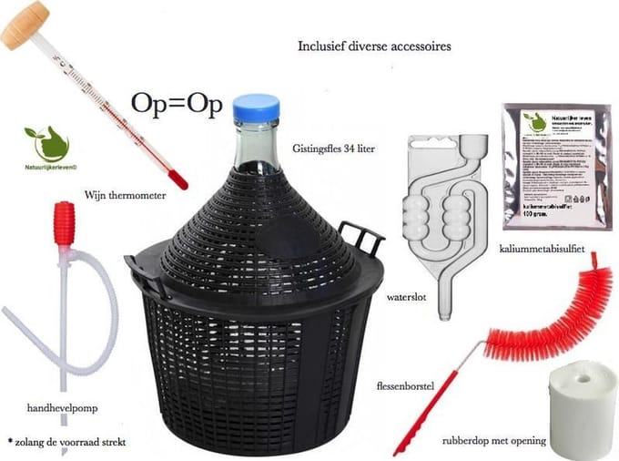 Gistingsfles 34 liter en diverse accessoires