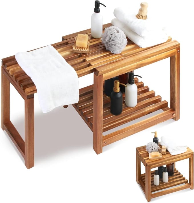 Douchekruk Bankje - Badkamer Zitje - Veilig Douchen - Verstelbare Lengte - 88.9 cm - Acacia Hout
