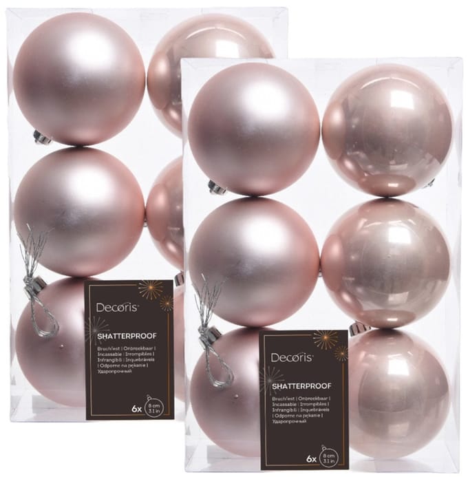 Decoris Kerstballen - 12x st - lichtroze - D8 cm - kunststof - mat/glans - kerstversiering