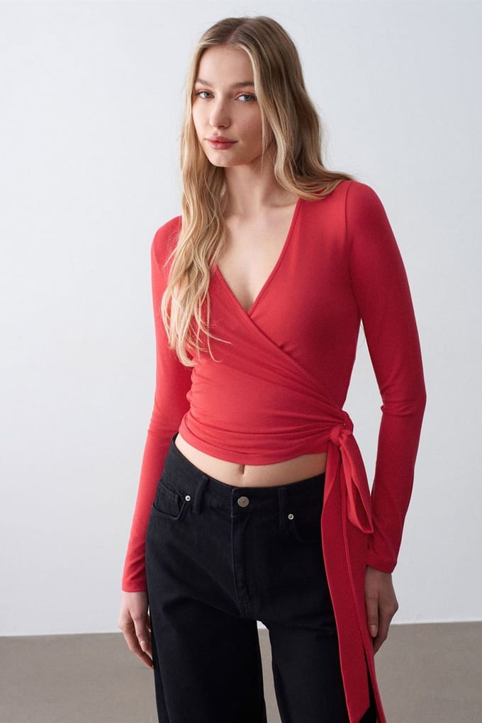 Dames Crop Wrap Blouse met Strikdetail