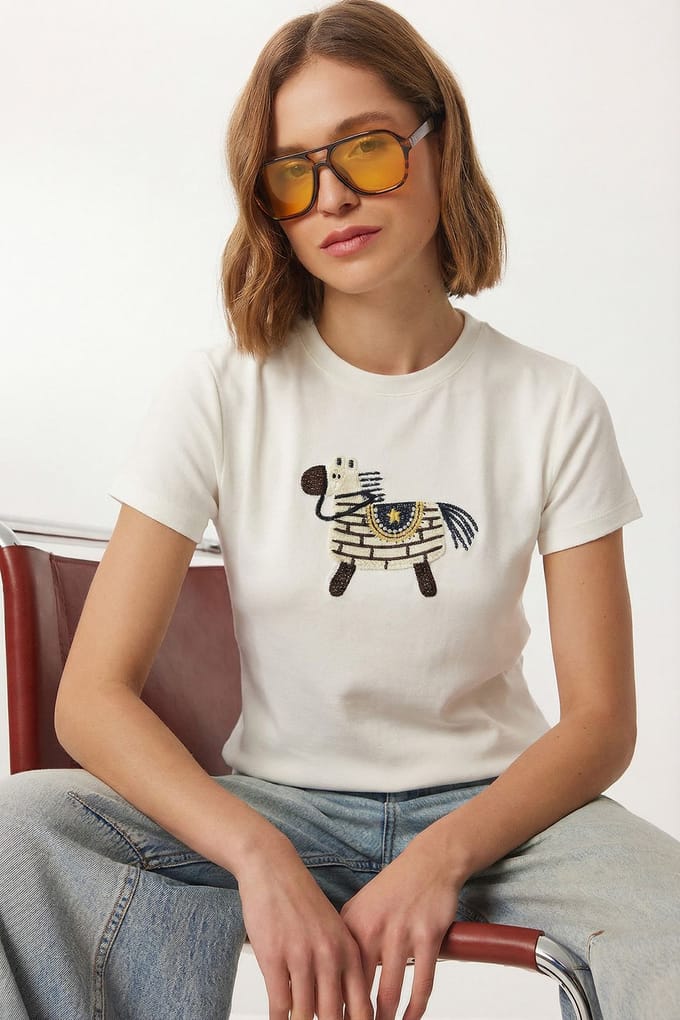 Geborduurd T-shirt met ronde hals
