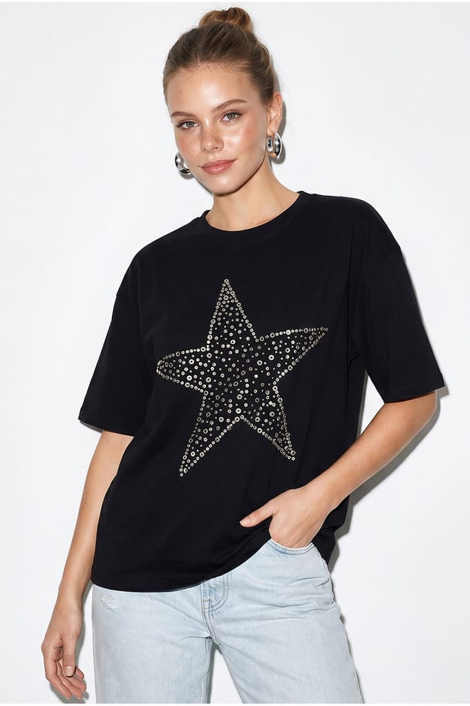 Oversized Katoenen Ster Pailletten T-Shirt