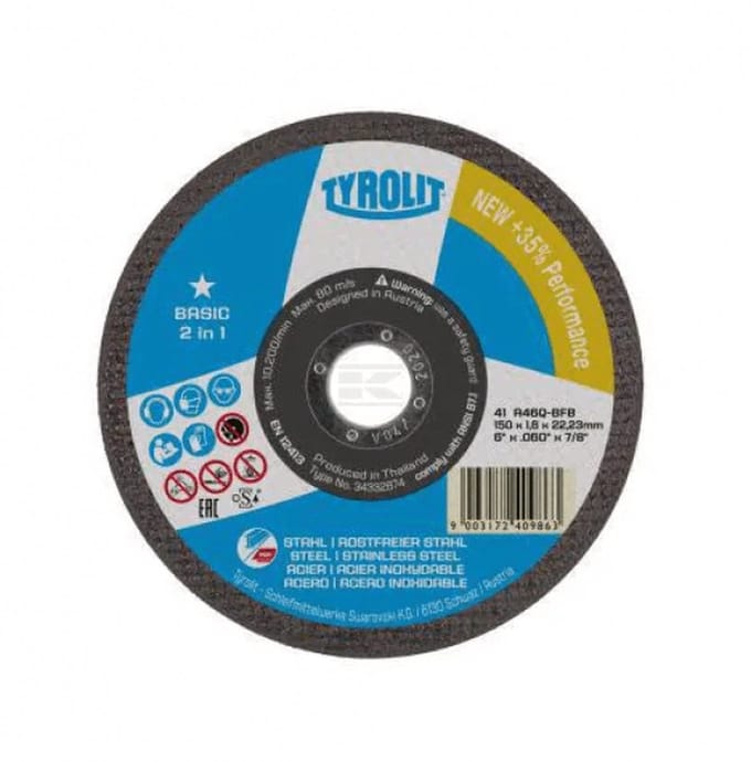 Doorslijpschijf BASIC D125x1,6mm recht 2in1 boring 22,23mm TYROLIT