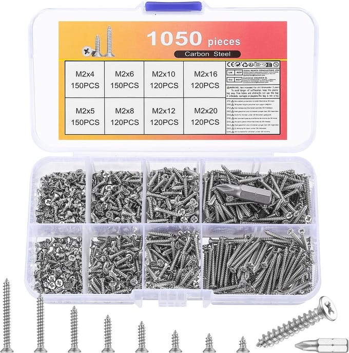 Dailygoods - 1050 stuks M2 schroevenset, zelftappende en platte kopschroeven, hout, plaatschroeven, snelbouwschroeven