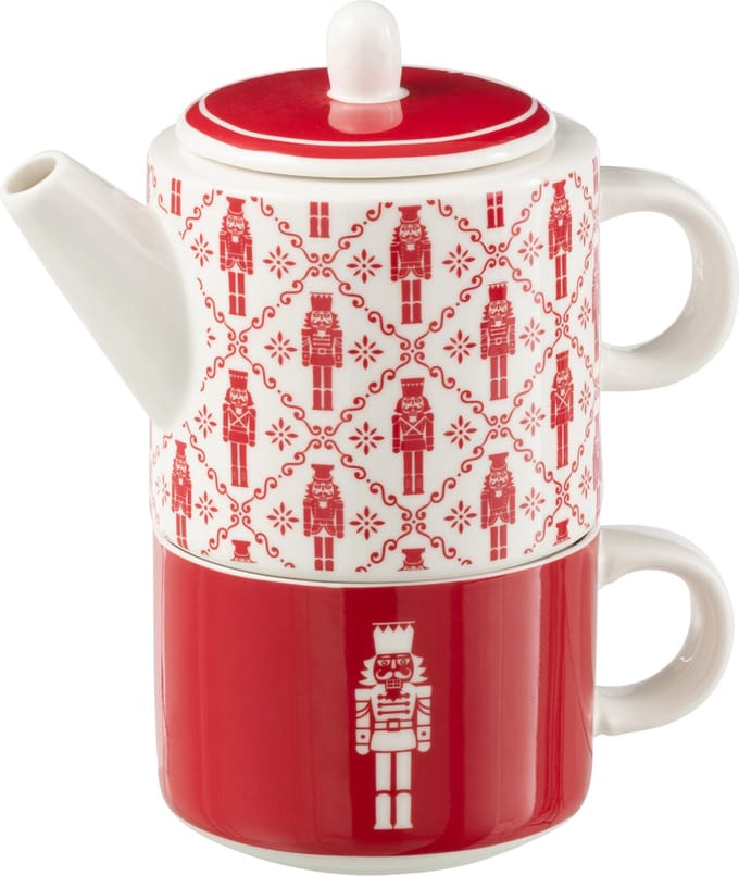 J-Line theepot + tas Notenkraker - keramiek - rood - giftbox