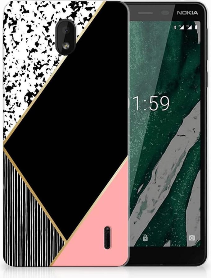 Nokia 1 Plus TPU Hoesje Zwart Roze Vormen