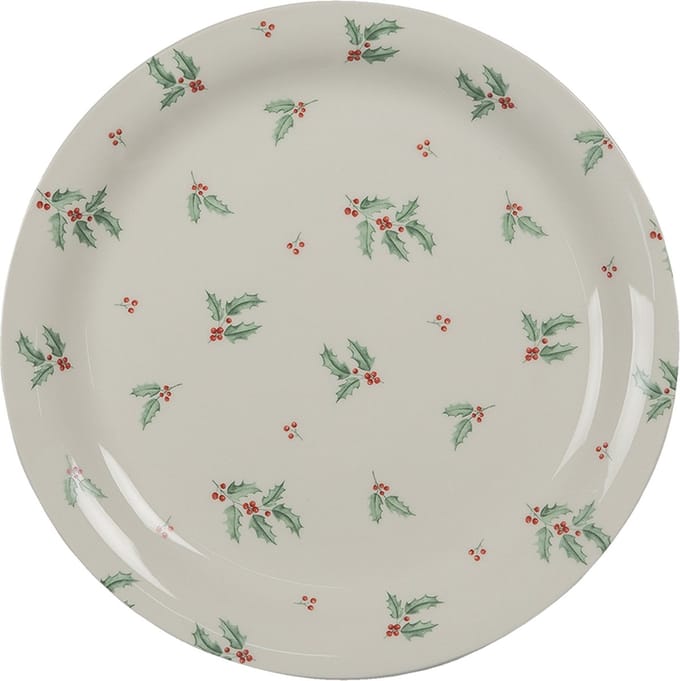 Clayre & Eef Ontbijtbord Ø 20 cm Beige Groen Keramiek Rond Hulstbladeren Bord